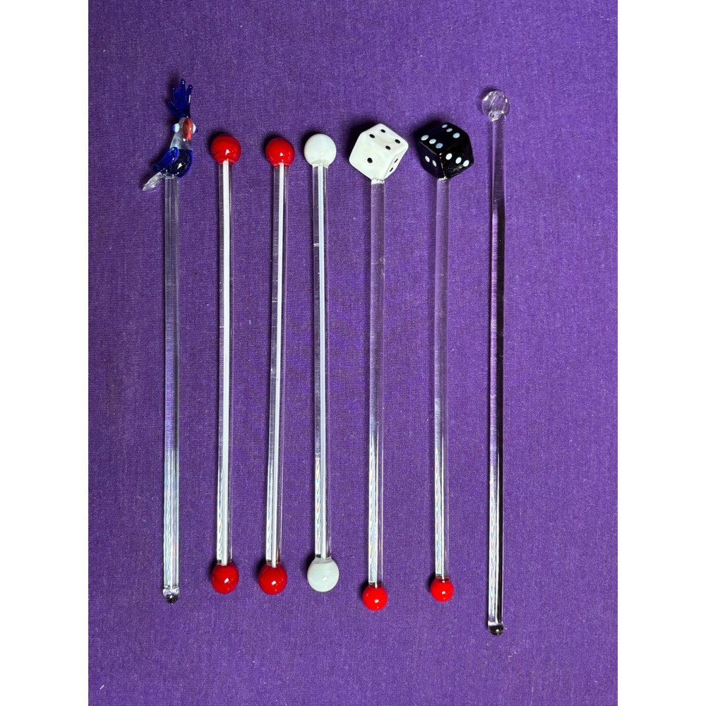 Set of 7 Unique Glass Cocktail Stirrers Swizzle Stick Parrot Dice Barware VTg - Picture 2 of 7
